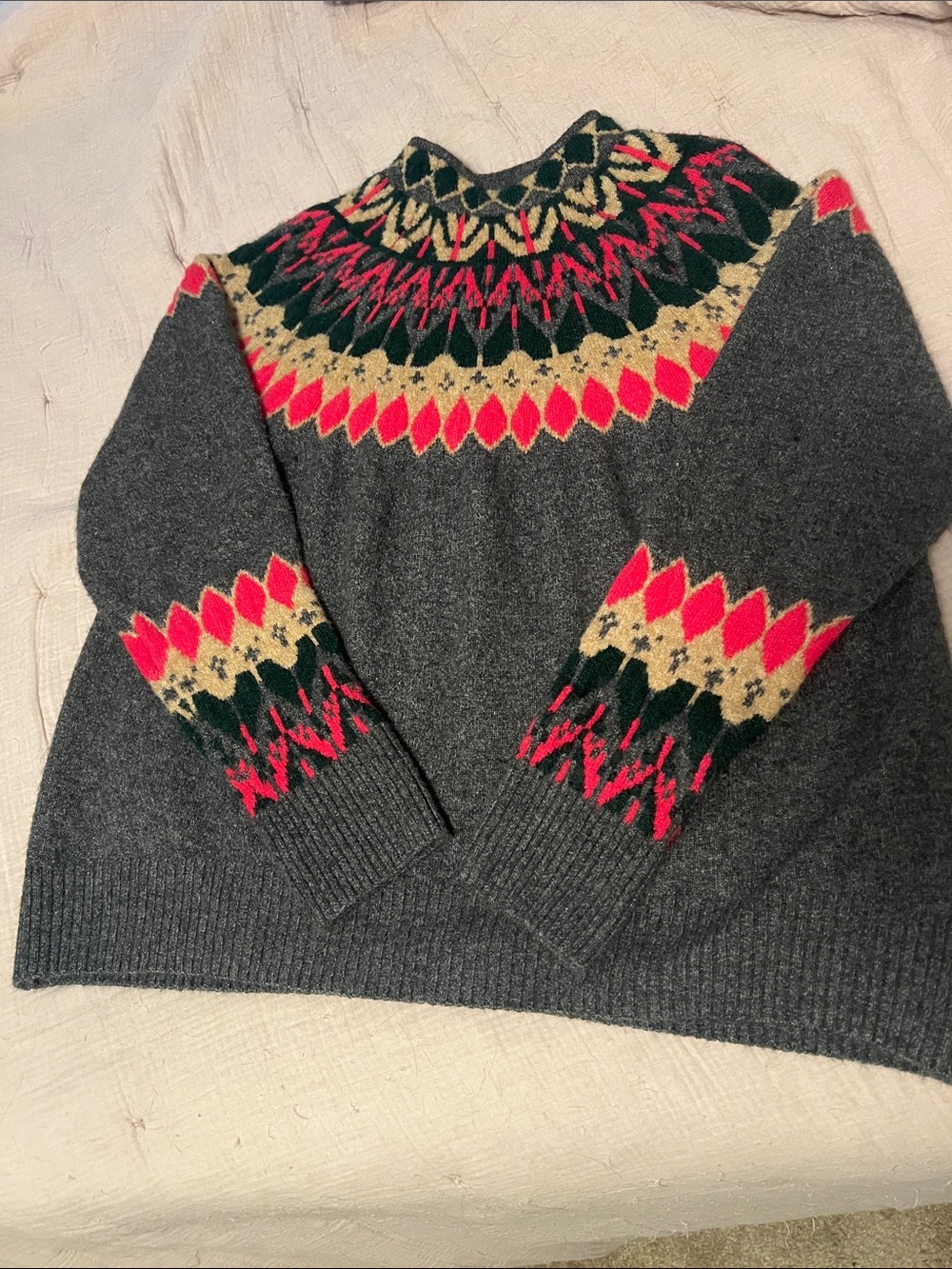 Vince Camuto Charcoal Fair Isle Turtleneck Sweater with Pink and Cream Accents